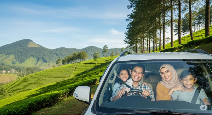 Keluarga Indonesia ceria liburan di Bandung dengan SUV rental, berpose di depan perkebunan teh. Langit biru cerah, cuaca cerah.