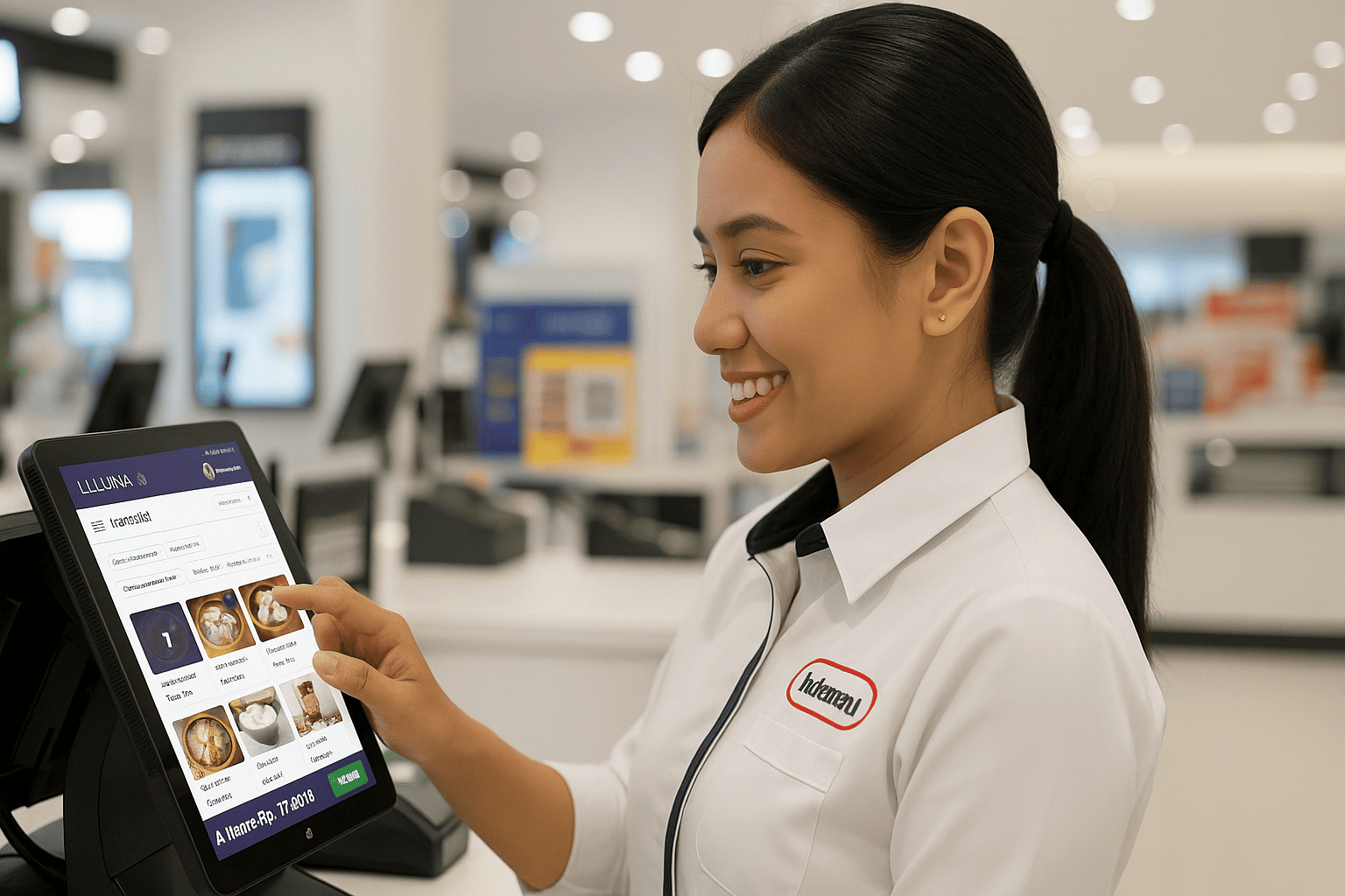 Kasir perempuan di toko retail menggunakan tablet dengan antarmuka LUNA POS berwarna ungu.