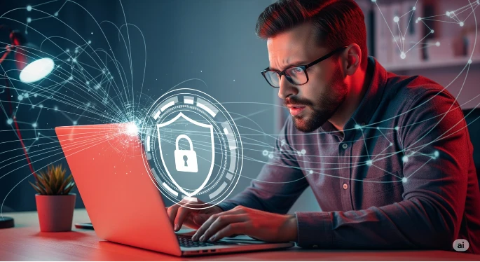 Office IT professional checking real-time server performance on a digital dashboard. Modern server room background. Generated by Gemini