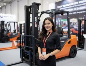 Wanita berpose di depan forklift industri oranye di pameran alat berat.