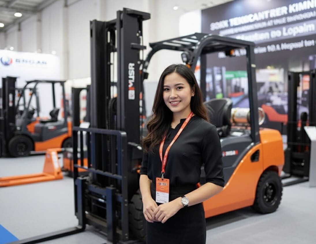 Wanita berpose di depan forklift industri oranye di pameran alat berat.