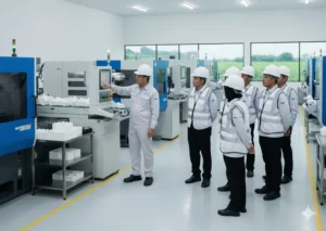 Visitors wearing safety vests and helmets observe an engineer demonstrating injection molding machines inside a modern production facility.