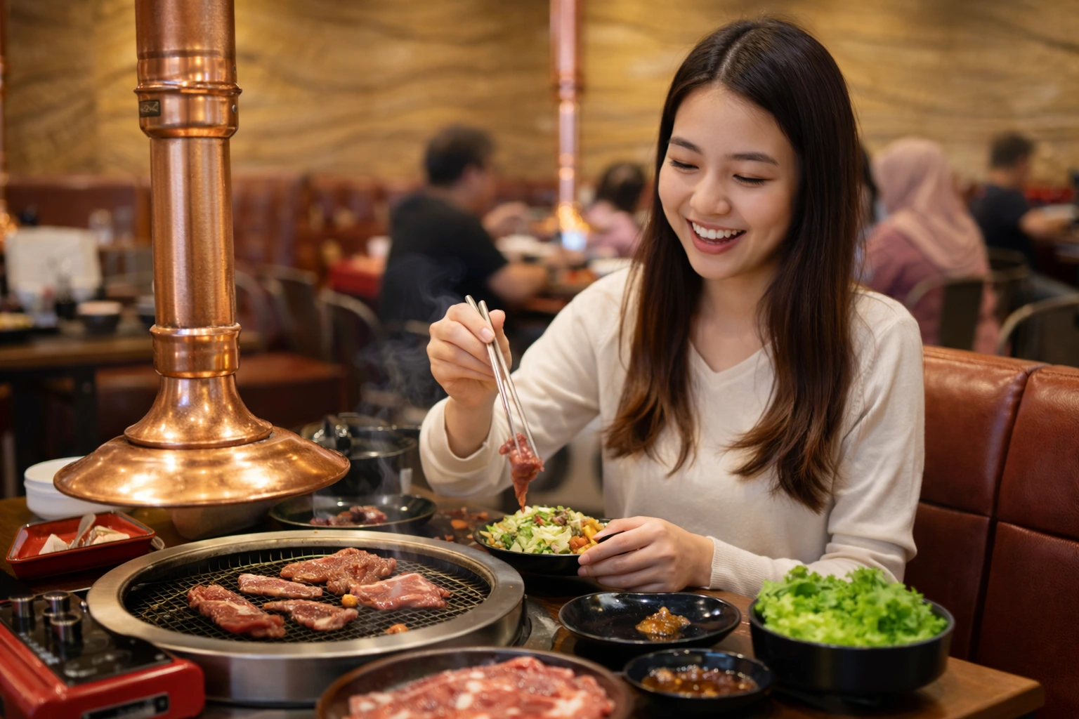 ilustrasi seorang perempuan makan di all you can eat