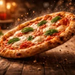 Close up pizza Margherita dijatuhkan ke meja kayu dengan mozzarella meleleh dan daun basil segar - Info Jateng Pos