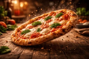Close up pizza Margherita dijatuhkan ke meja kayu dengan mozzarella meleleh dan daun basil segar - Info Jateng Pos