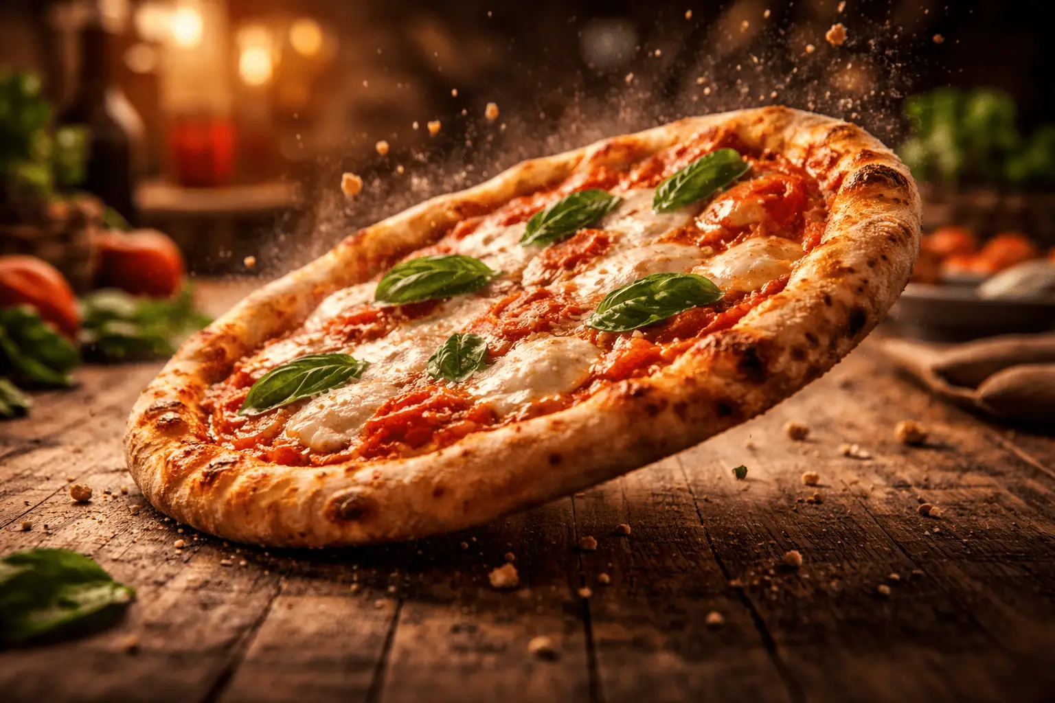 Close up pizza Margherita dijatuhkan ke meja kayu dengan mozzarella meleleh dan daun basil segar - Info Jateng Pos