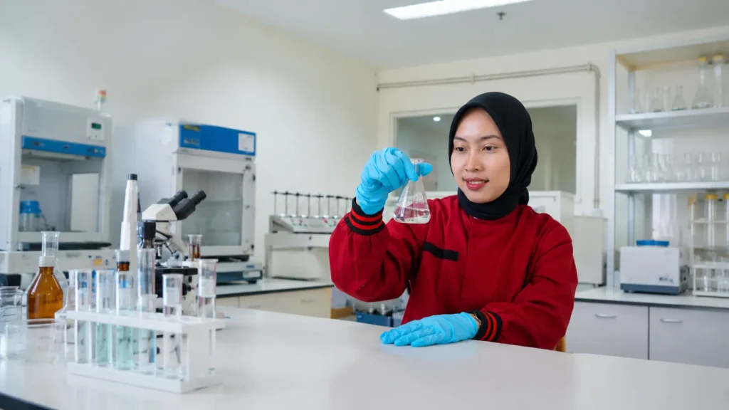 Teknisi laboratorium lingkungan wanita sedang melakukan analisis sampel cairan di laboratorium modern dengan peralatan pengujian profesional