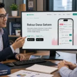 Pakar investasi sedang mengedukasi klien mengenai reksa dana saham dengan menampilkan platform investasi Makmur di layar monitor. Ilustrasi investasi untuk artikel edukasi keuangan di makmur.id.