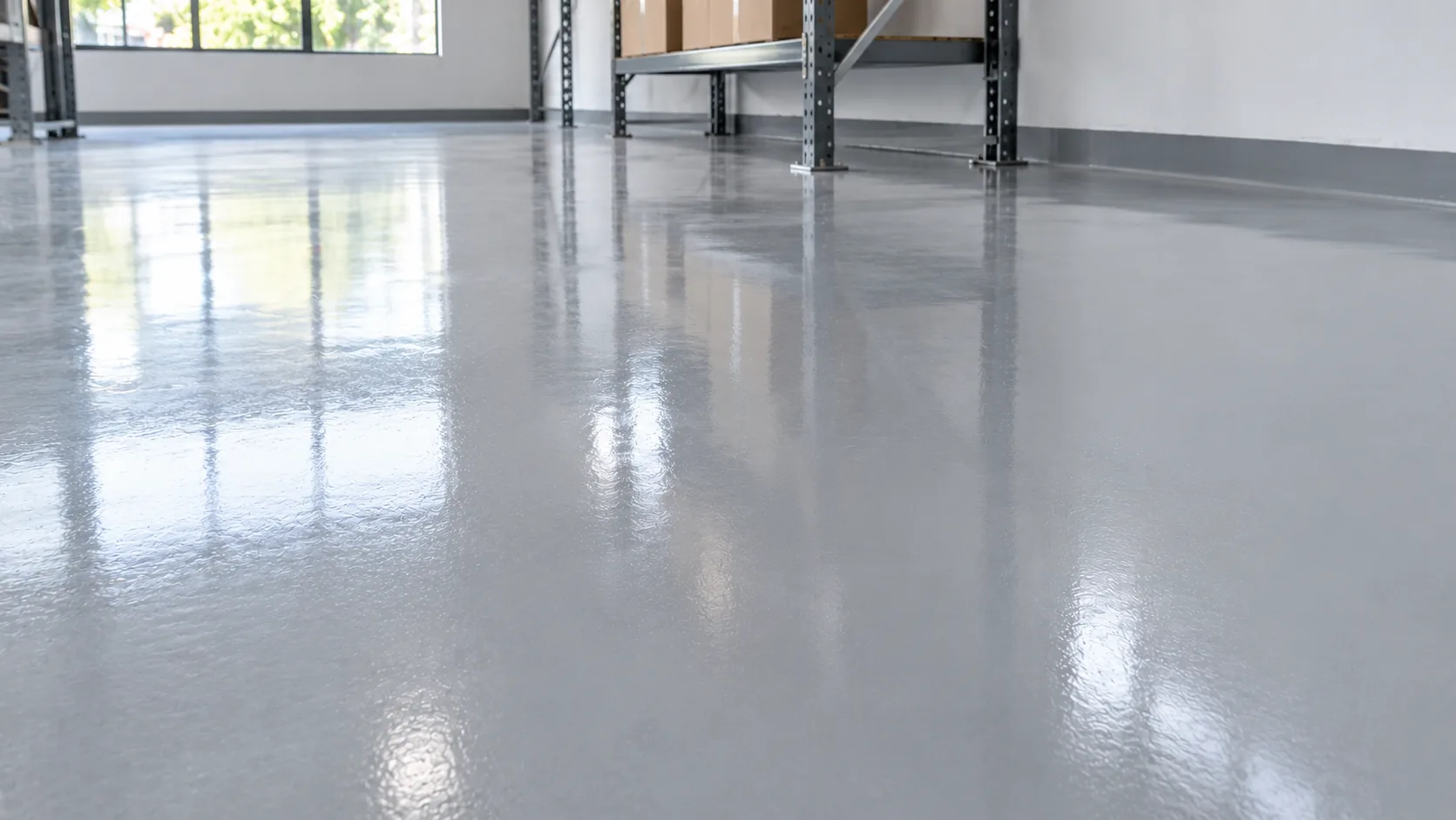 Ilustrasi detail permukaan epoxy lantai abu-abu dengan kilap satin.