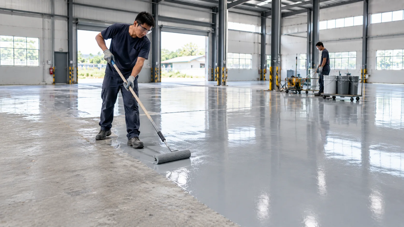 Ilustrasi pekerja meratakan pelapis epoxy abu-abu dengan roller lantai.